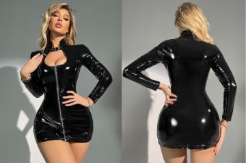 Сексуальный НАРЯД, женское мини-кожаное платье, черный костюм, маскировка, S/M