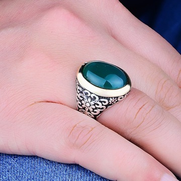 925K Jade Stone Silver Men's Ring, Turkish Handcrafted Silver Ring