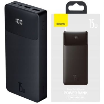 POWER BANK UNIWERSALNY BASEUS 20000 MAH 15W 3x USB USB-C MICRO 3A PD, KABEL