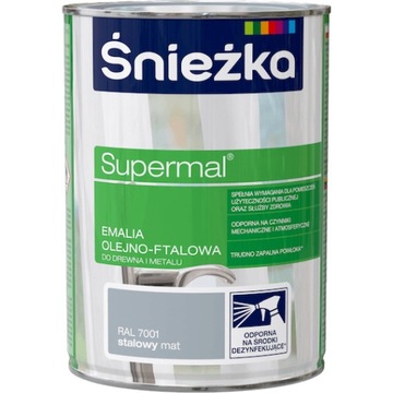 ŚNIEŻKA SUPERMAL FARBA EMALIA OLEJNO FTALOWA RAL7001 STALOWY MAT 0,8L