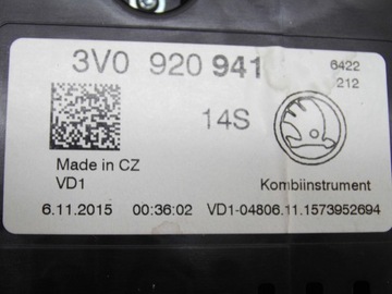 PŘÍSTROJOVÁ DESKA 3V0920941 SKODA SUPERB III 3V 1.6TDI DCX ORIGINÁLNÍ