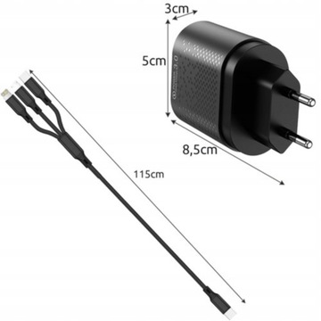 БЫСТРОЕ СЕТЕВОЕ ЗАРЯДНОЕ УСТРОЙСТВО 4X USB QC 3.0 КАБЕЛЬ 3в1