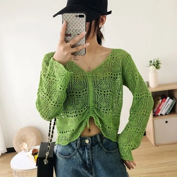 Women Loose Sweaters Sexy V Neck Hollow Out Lace U