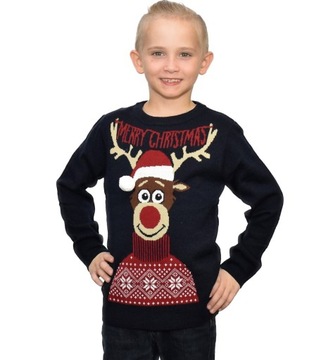Chłopięcy sweter świąteczny renifer w czapce z pomponem - granatowy 5/6 lat