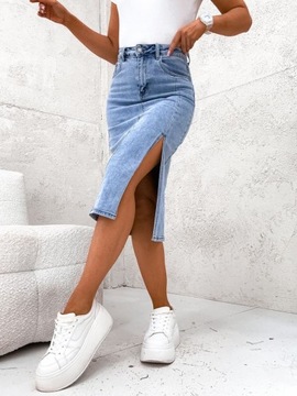 Spódnica damska jeansowa midi z rozcięciem elastyczna wysoki stan S/36