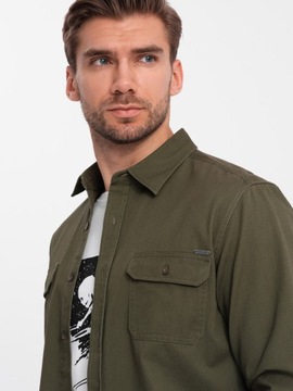 Pánska bavlnená košeľa REGULAR FIT vrecká olivová V4 OM-SHCS-0146 XL