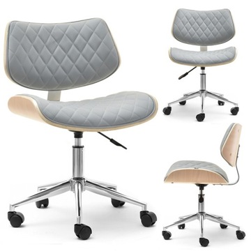 MAŁY PIKOWANY W DIAMENT FOTEL DO BIURKA BRUNO DĄB SZARY EKOSKÓRA CHROM