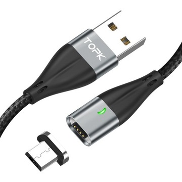 Магнитный кабель TOPK 1 метр 2,4 А Micro USB, СЕРЫЙ