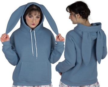 Bluza KRÓLIK Z USZAMI bawełniana PRODUKT POLSKI z kapturem niebieska ciepła