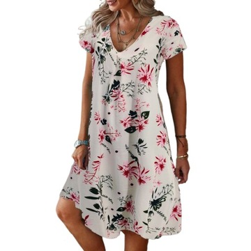 ELEGANCKA SUKIENKA MIDI V-NECK LUŹNA SUKIENKA Z MODNYMI NADRUKAMI