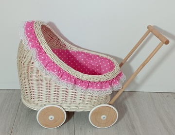 Плетеная коляска для кукол, БЕЛАЯ, толкатель, лён