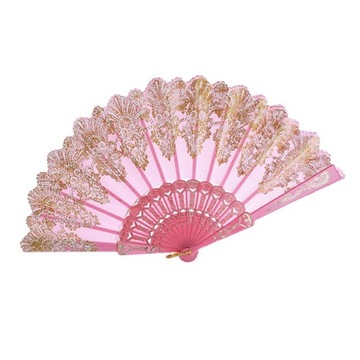 Hand Held Flower Lace Silk Cloth Folding Fan pink