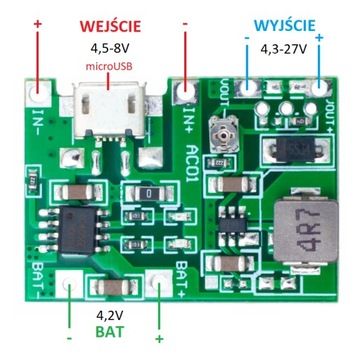 Модуль повышения мощности и BMS 2 в 1 Литий-ионный TP4056 microUSB 1A с регулируемым усилением / 0115