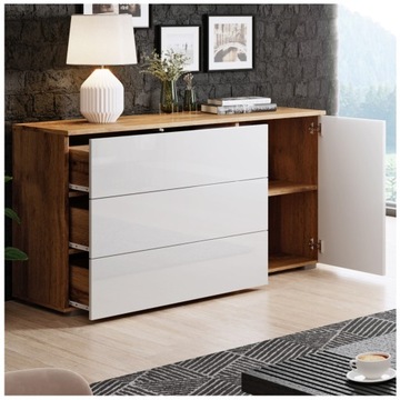 Pojemna Komoda Dąb Wotan Wysoki Połysk 110 x 39 x 68 cm Szuflada Szafka RTV