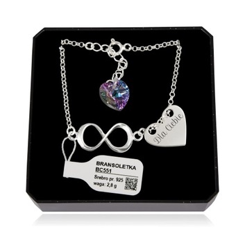 Серебряный браслет с кр. Swarovski Infinity Heart ГРАВИРОВКА Серебро 925 пробы