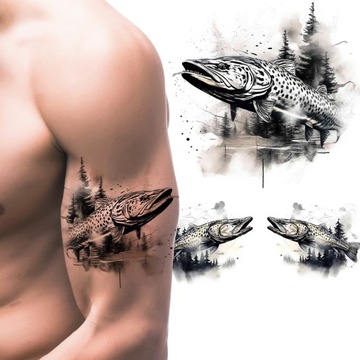 TATUAZ ZMYWALNY TYMCZASOWY SZCZUPAK RYBA WODA LAS WZÓR RAMIĘ PLECY KLATKĘ