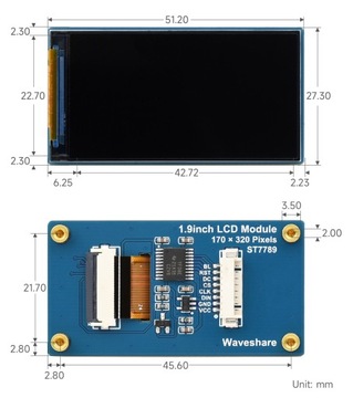 1.9inch LCD 170×320 Resolution, SPI 262K Colors