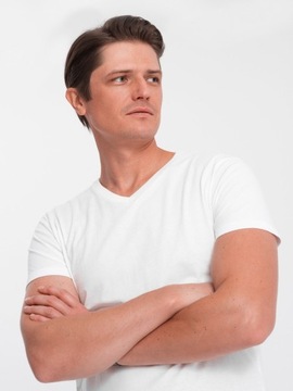Męska bawełniana koszulka z dekoltem w serek biała V4 OM-TSBS-0145 3XL
