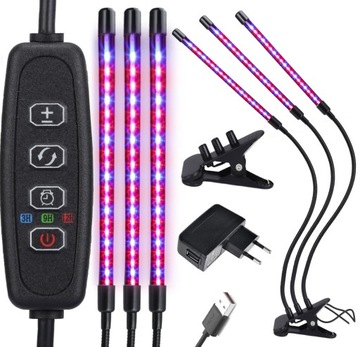 3х ПАНЕЛЬНЫЕ ЛАМПЫ ДЛЯ ВЫРАЩИВАНИЯ РАСТЕНИЙ ТАЙМЕР ПОЛНОГО СПЕКТРА USB 27 Вт 60 светодиодов