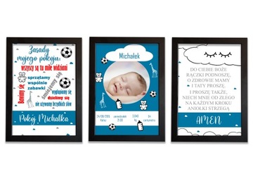 Комплект из 3 плакатов со свидетельствами о рождении формата А4 для детской комнаты.