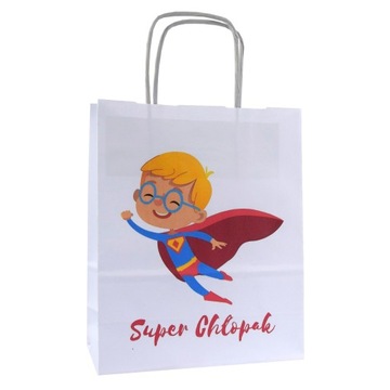 torba SUPER CHŁOPAK torebka papierowa z nadrukiem 18x8x22cm mała na prezent