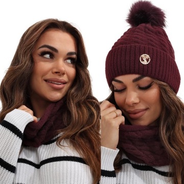 KOMPLET DAMSKI CZAPKA KOMIN ZESTAW CIEPŁY BORDOWY