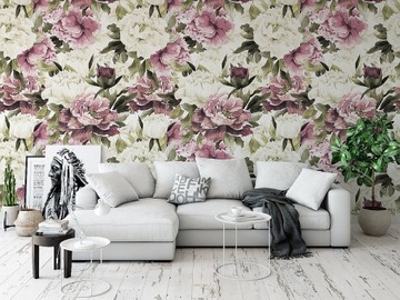 ОБОИ БОЛЬШИЕ ЦВЕТЫ БЕЛО-РОЗОВЫЕ ПИОНЫ В ЛИСТЬЯХ