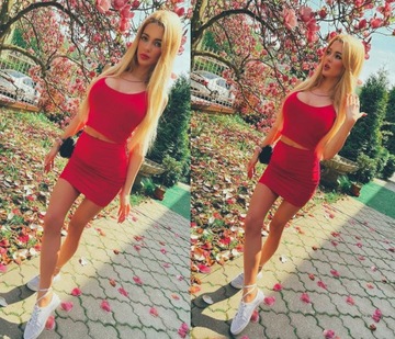 CZERWONY KOMPLET Krótka BLUZKA TOP + SPÓDNICZKA MINI na GUMCE na Lato XS/S