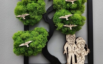 Дерево бонсай с мхом День бабушки и дедушки, гравюра с птицами, 37x24