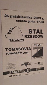STAL RZESZÓW - TOMASOVIA TOMASZÓW LUBELSKI 25-10-2003 PROGRAM MECZOWY