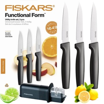 ZESTAW 3 NOŻY FISKARS W PUDEŁKU DO KROJENIA OBIERANIA WARZYW +OSTRZAŁKA HIT