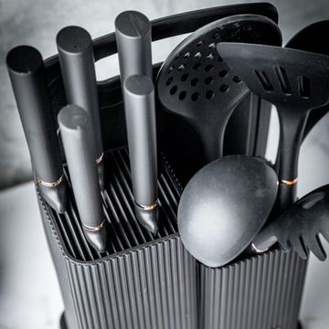 Набор из 5 ножей + набор из 5 кухонной посуды + нарезающая доска + подставка