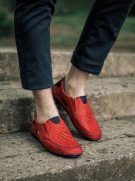 Buty męskie mokasyny skórzane na lato ażurowe POLSKIE 901 czerwone 45