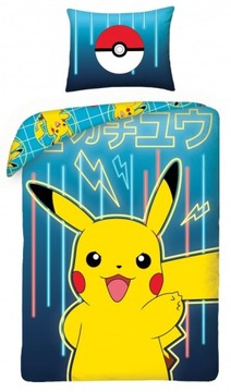 Pościel dla dziecka Pikachu pokemony pokeball gra 140x200 niebieska bawełna