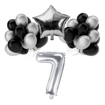 ZESTAW BALONY 7 URODZINY SREBRNY CZARNY SREBRNE 7 ROCZNICA ŚLUBU