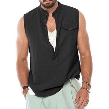 Mens Summe Tank Tops Cotton Linen Vest Solid Color