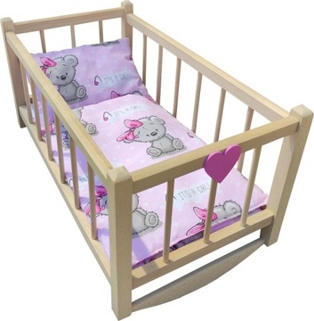 Деревянная КОЛЯНКА для КУКОЛЫ - кроватка + постельное белье, сердце