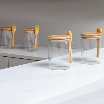 Стеклянные банки с бамбуковыми крышками и чайной ложкой, 4 штуки для сухого печенья.