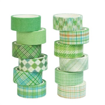 Taśma Washi w kratę 3m/15mm, 12 rolek, zielona