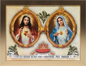 OBRAZ 35x45 SERCE JEZUSA I MARYI ZŁOTA RAMA