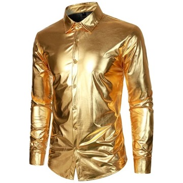 Men Nightclub Metallic Silver Button Down Short Lo