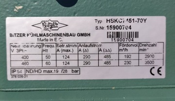 SPRĘŻARKA ŚRUBOWA BITZER HSK7451, 192m3, 231kW/+5