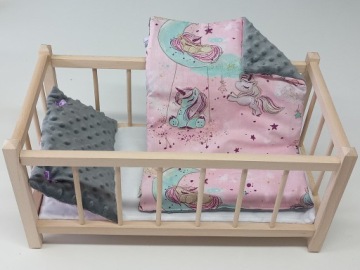 DREWNIANE ŁÓŻECZKO DLA LALEK + POŚCIEL MINKY