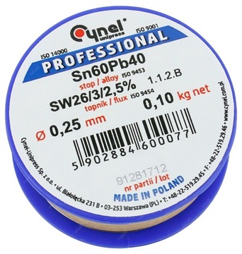 CYNA Z TOPNIKIEM KALAFONIĄ CYNEL 0,25mm 100g 0.25