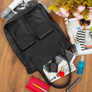 CZARNA TOREBKA SKÓRA NATURALNA SHOPPER SKÓRZANA TORBA A4 KIESZONKI XL