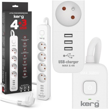 LISTWA PRZECIWPRZEPIĘCIOWA 4 GNIAZDA 3xUSB 16A 3m