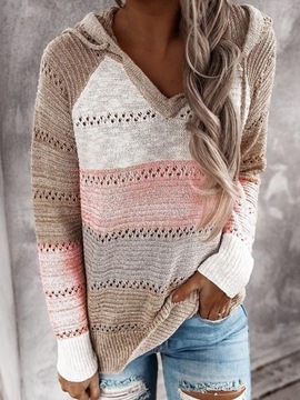 Autumn Patchwork Hooded Sweater Women Casual Long