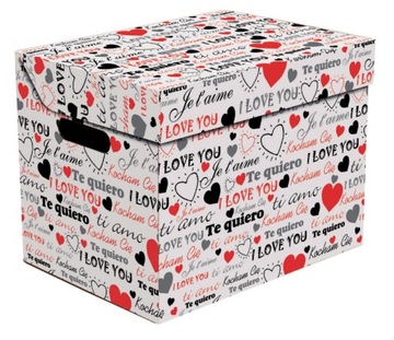 PUDEŁKO KARTONOWE Z KLAPĄ NA UBRANIA GAZETY Z NADRUKIEM love PUDŁO OZDOBNE