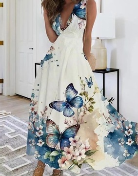 SUKIENKA ELEGANCKA DAMSKA MAXI DŁUGA W KWIATY ZWIEWNA LUŹNA, M