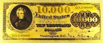 Уникальная позолоченная банкнота номиналом 10 000 долларов 1886 года